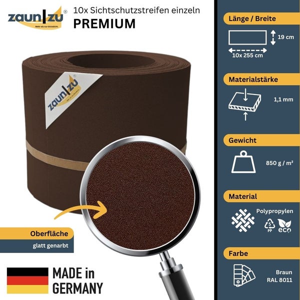 Zaunstreifen Sichtschutz, 10 Stück, Länge 255 cm, Breite 19 cm, Materialstärke 1,1 mm, Gewicht 850 Gramm pro Quadratmeter, Polypropylen, Braun RAL 8011, Made in Germany