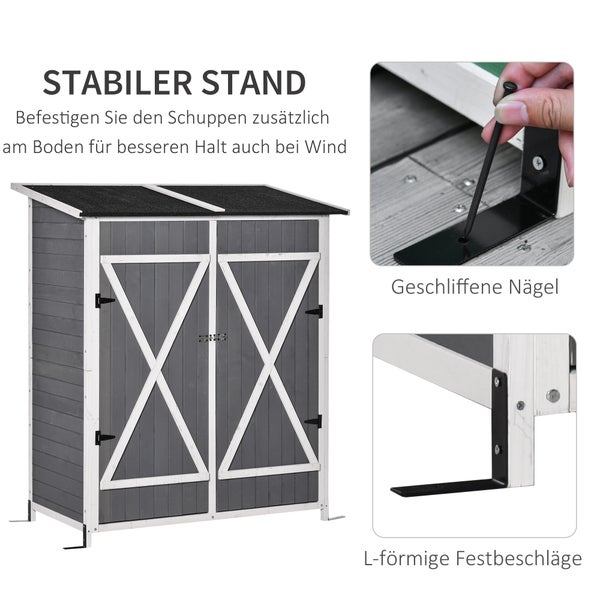 Gartenschuppen mit L-förmigen Beschlägen und geschliffenen Nägeln für stabilen Stand