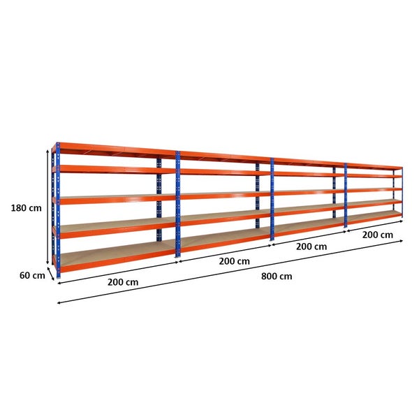 PROREGAL Mega Deal 4x Profi Schwerlastregal Rhino HxBxT 180 x 200 x 60 cm 5 Spanplatten-Ebenen 8mm Fachlast 500 kg Blau/Orange