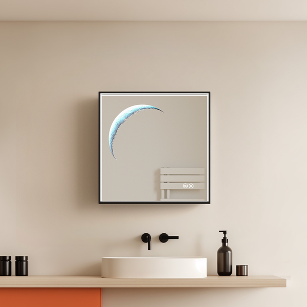 EMKE Dekospiegel mit Beleuchtung, 50x50 cm, 3 Helligkeitsstufen, Anti-Beschlag, Design Wandspiegel mit schwarzem Rahmen, für Schlafzimmer & Wohnzimmer