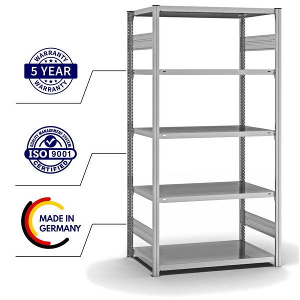 PROREGAL Fachbodenregal Stecksystem T-Profil Light-Duty Grundregal HxBxT 200 x 100 x 60 cm 5 Ebenen Fachlast 140 kg Beidseitig Nutzbar Verzinkt