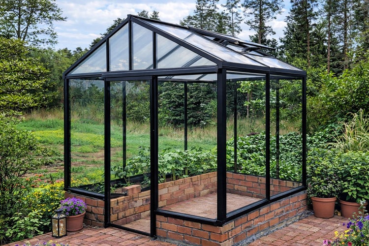 Gewächshaus mit schwarzem Metallrahmen und Glas auf einem gemauerten Sockel in einem hellen Garten.