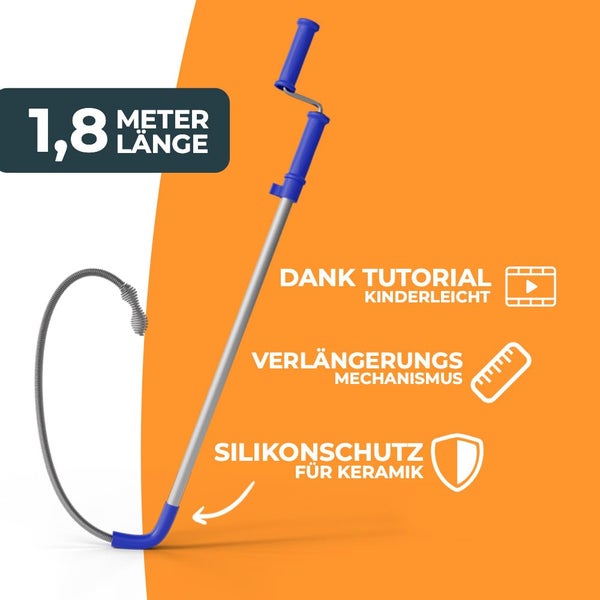 Meisterfaktur Rohrreinigungsspirale für Toiletten [1,8m] - Toiletten Spirale für schwere WC Verstopfungen - Dank Silikonschutz ohne Schäden - Sicher Toiletten Verstopfung entfernen!
