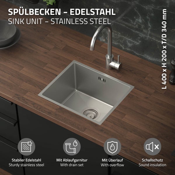 ML-Design Spülbecken Edelstahl 34x40 cm, Küchenspüle Rechteckig, 1 Becken klein Einbauspüle Unterbauspüle, Edelstahlspüle mit Ab- und Überlaufgarnitur, Einzelbecken mit Siphon, Waschbecken Küche Spüle