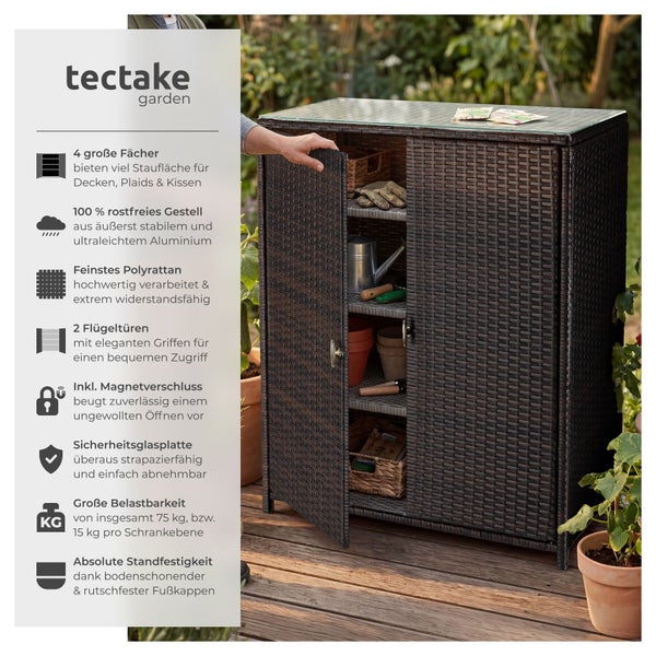 Gartenschrank aus Polyrattan mit vier Fächern, zwei Flügeltüren, Sicherheitsglasplatte und rostfreiem Aluminiumgestell für den Außenbereich.