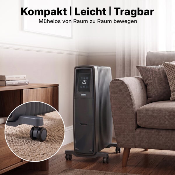 Mobiler Heizkörper von Dimplex mit Rollen und Display zur Temperaturregelung in einem Wohnzimmer