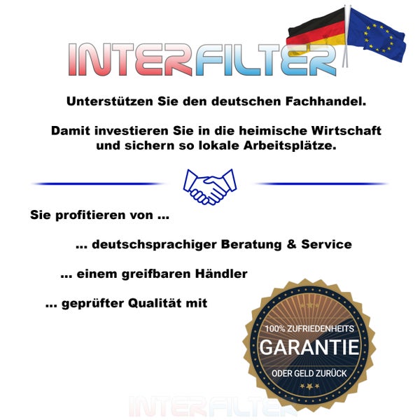 Interfilter Logo mit Informationen zur Unterstutzung des deutschen Fachhandels und einer Zufriedenheitsgarantie.