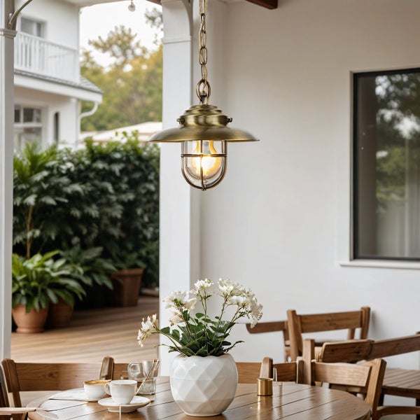 Hängelampe über Holztisch mit Geschirr und Blumen