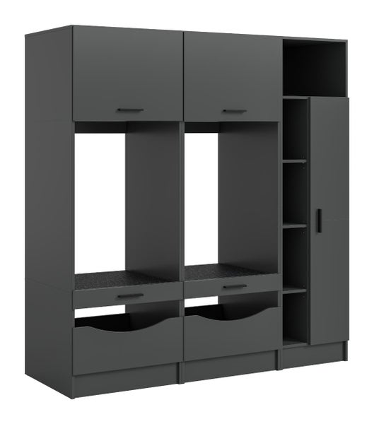 Anthrazitfarbener Hauswirtschaftsraum-Schrank mit Nischen für Waschmaschine und Trockner, Schubladen und offenen Regalen.