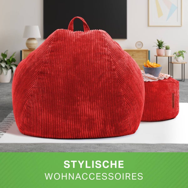 Green Bean 2er Set Indoor XXL Sitzsack + Pouf mit EPS-Perlen Füllung - Fußhocker Fußkissen Hocker Bodenkissen Liegekissen Sitzkissen Lounge Chair - Rot