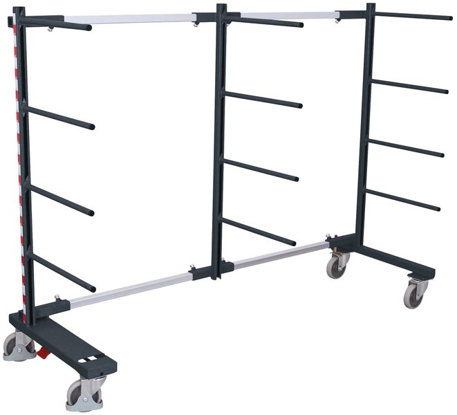 Mobiler Hordenwagen aus Metall mit verstellbarer Breite, horizontalen Tragarmen und Lenkrollen.