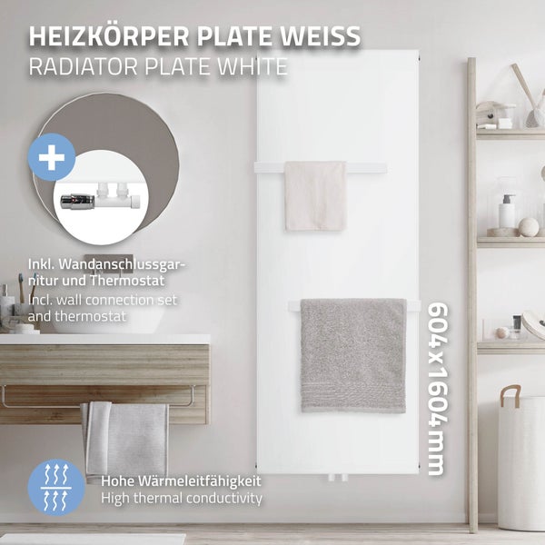 ML-Design Badheizkörper 1600x604 mm Weiß Flach mit Wandanschlussgarnitur Eckform Multiblock Thermostat und 2x Handtuchhalter, Paneelheizkörper Mittelanschluss Vertikal Planheizkörper Flachheizkörper
