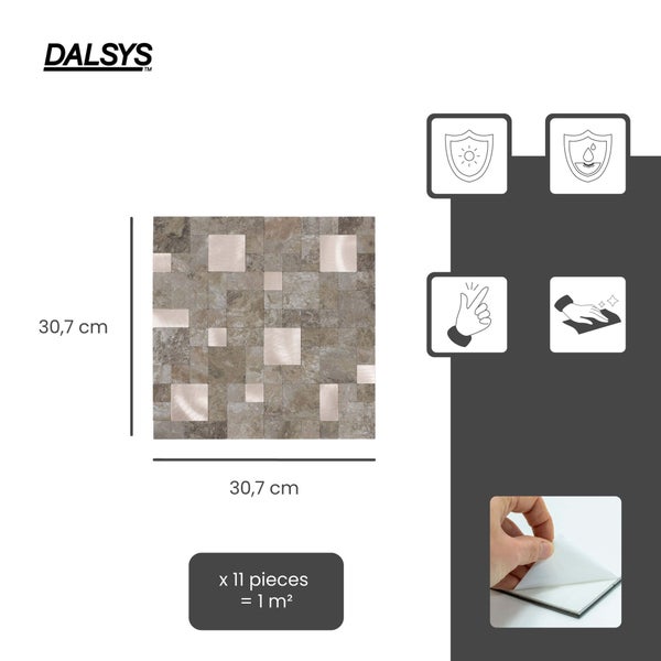 Dalsys Logo, Mosaikfliese 30,7 mal 30,7 Zentimeter, selbstklebend, Stein- und Metalloptik, UV-beständig, wasserfest, 11 Stück pro Quadratmeter.