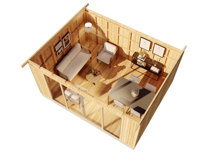 Draufsicht auf den hellen Innenraum eines modernen Gartenhauses aus Holz mit Sofa, Sessel, Esstisch und grossen Glasschiebetüren.