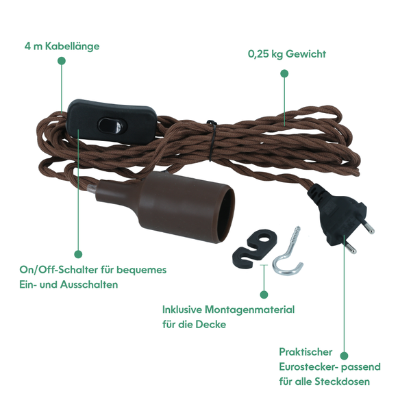 Parus by Venso E27 Lampenfassung Helix 4m Textilkabel Braun, Eurostecker, Venso Ecosolutions Lampenfassung E27 mit Kabel für E27 LED Lampe, Bulb Holder, Kabel für Lampe, Fassung E27
