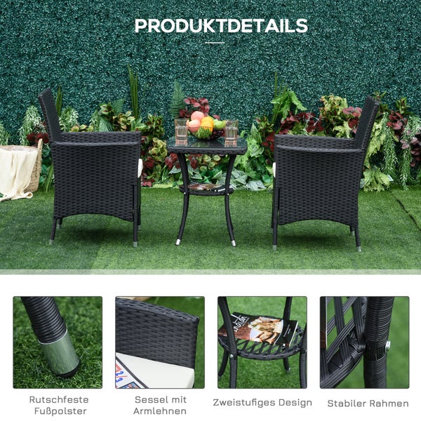 Outsunny 3-tlg. Gartenmöbel-Set, B60 x T58,5 x H89,5 cm, Metall, PE-Rattan, Polyester, Schaumstoff, schwarz