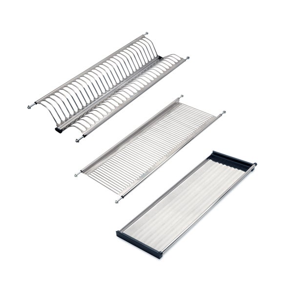 Dreiteiliges Abtropfgestell-Set aus Edelstahl für Schränke, bestehend aus Tellerhalter, Tassenablage und Abtropfschale.