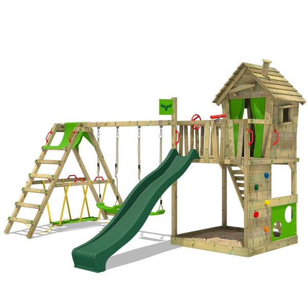 FATMOOSE Spielturm Klettergerüst HappyHome mit Schaukel SurfSwing und Rutsche, Spielhaus mit Sandkasten, Leiter und Spiel-Zubehör - grün
