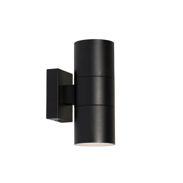 Zylindrische Außenwandleuchte in Schwarz, modernes Design mit Lichtaustritt nach oben und unten für die Fassadenbeleuchtung.