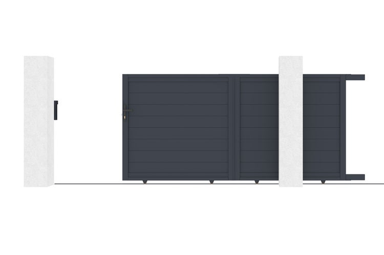 Anthrazitfarbenes Schiebetor aus Aluminium mit horizontalen Lamellen und Griff, montiert zwischen zwei weißen Pfeilern.