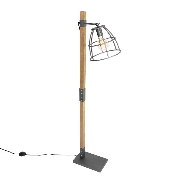 Stehleuchte im Industriestil mit Holzsäule und gitterförmigem Lampenschirm aus Metall