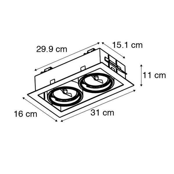 Technische Zeichnung zweiflammiger Einbaustrahler: Außen 31 mal 16 Zentimeter, Einbau 29,9 mal 15,1 Zentimeter, Tiefe 11 Zentimeter.