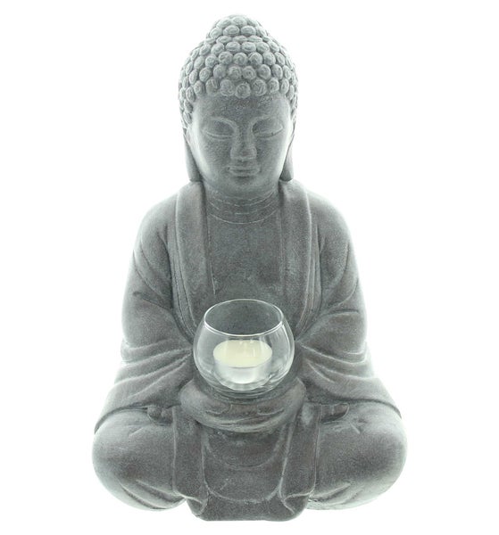 FRANK FLECHTWAREN | Buddha Erleuchtung, ZEMENT, GLAS, 22 x 16 x 33 cm