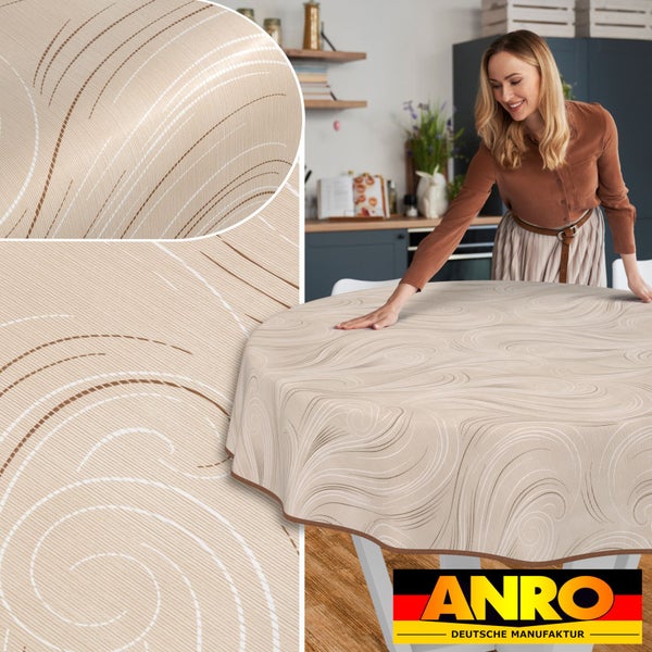 Runder Tischbezug mit Muster und ANRO Deutsche Manufaktur Logo