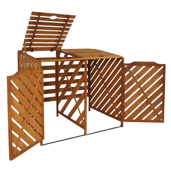 Holz Mülltonnenbox mit geöffnetem Deckel und zwei geöffneten Türen