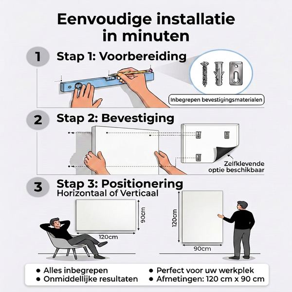 Infografik zur einfachen Installation in drei Schritten mit Maßen von 120 Zentimeter mal 90 Zentimeter für eine Wandtafel.