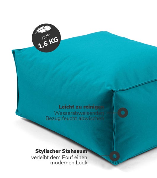 Outdoor Pouf, Hocker 60x45cm in Türkis / Petrol für Balkon und Garten 'Der Ruhestifter' Bodenkissen eckig, Sitzwürfel, Sitzpouf, Fußhocker und Beistelltisch, EPS-Perlen Füllung, Indoor geeignet