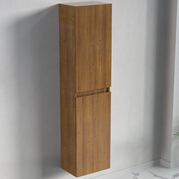 Wandhängender Hochschrank in Holzoptik mit zwei Türen.
