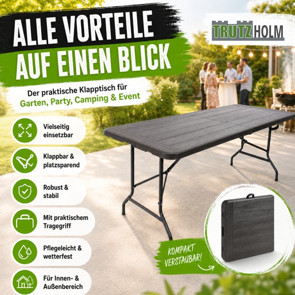 Trutzholm Klapptisch für Garten und Party mit Tragegriff und Informationen zu den Vorteilen sowie zur platzsparenden Verstauung im Außenbereich.