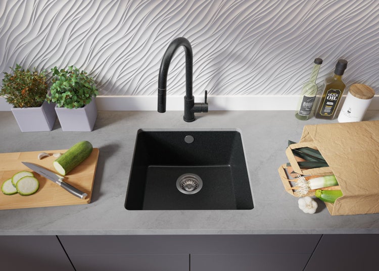 PRIMAGRAN Unterbauspüle Granit Anthrazit 46x44cm, Spülbecken 1 Becken + Ablauf-Set, Granitspüle ab 50er Unterschrank - Venedig Easy