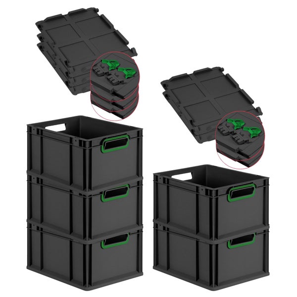 PROREGAL SuperSparSet 5x Eurobox NextGen Color mit Scharnierdeckel und Schiebeschnappverschlüssen, HxBxT 22x30x40cm, 20 Liter, Schwarz, Griffe grün offen, Eurobehälter, Transportbox, Transportbehälter, Stapelbehälter