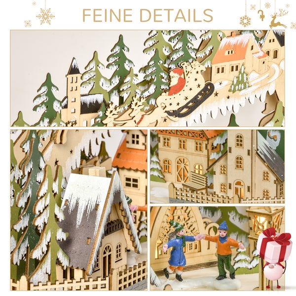 Detailansicht einer weihnachtlichen Holzdekoration mit beleuchteten Häusern, verschneiten Bäumen, Weihnachtsmann im Schlitten und Eislauf-Figuren.