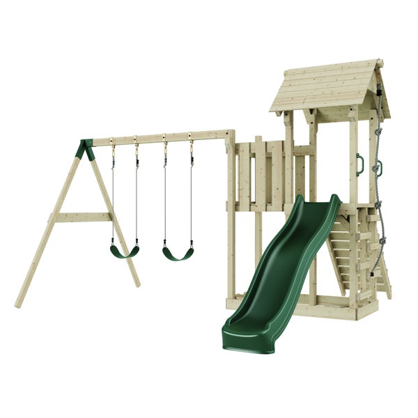 Spielplatz mit Schaukeln, Turm, Rutsche und Leiter