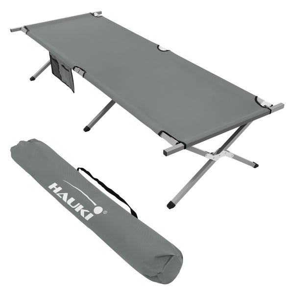 Hauki Campingbett klappbar, Grau, 210x83x46 cm, XL Feldbett mit Tragetasche, Seitentasche, Metallrohr, Belastbarkeit bis 150kg, Gästebett tragbar, Outdoor, Campingliege stabil, Klappbett für Reisen