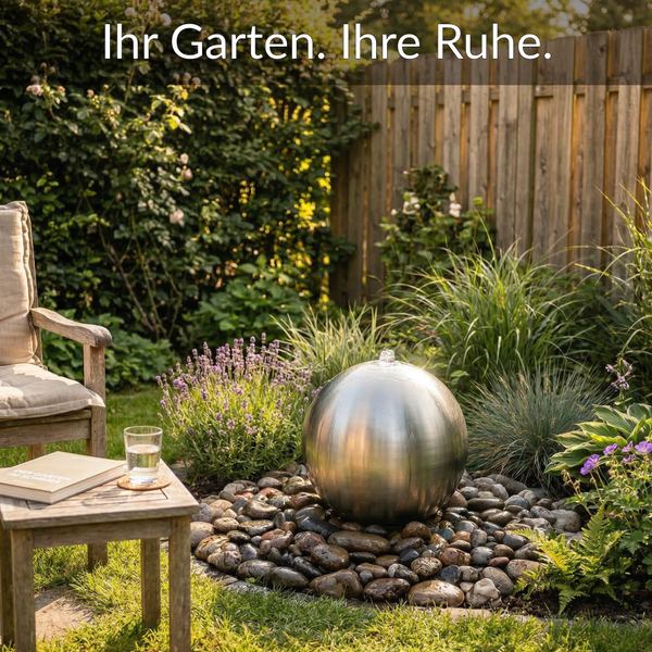 Moderner Kugelbrunnen aus Edelstahl in einem gepflegten Garten mit hölzerner Sitzgelegenheit, Lavendel und Gräsern vor einem Holzzaun.