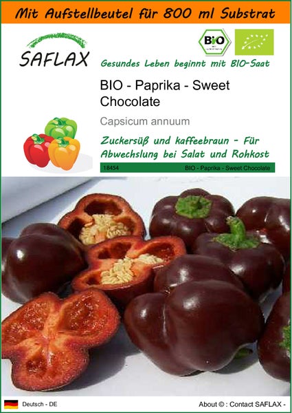 SAFLAX Garden in the bag - BIO - Paprika - Sweet Chocolate - Capsicum annuum - 10 Samen - Mit Anzuchtsubstrat im praktischen, selbst aufstellenden Beutel