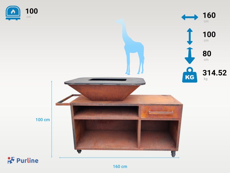 Purline Grill mit Ablageflächen und Schublade, Maße: 160 x 100 x 100 cm, Gewicht: 314.52 kg
