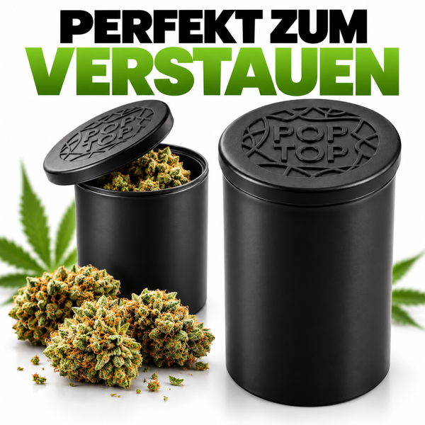 Zwei runde Aufbewahrungsdosen mit Pop Top Deckel zur Lagerung von trockenen Pflanzenmaterialien.