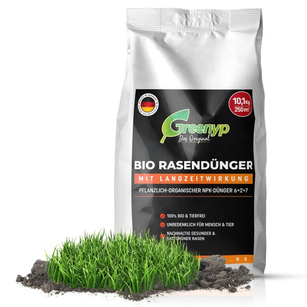 Greenyp Bio Rasendünger I 10,1kg für 250m² I Pflanzlich Organischer Rasendünger mit 3 Monate Langzeitwirkung I staubarm, tierfreundlich und Vegan