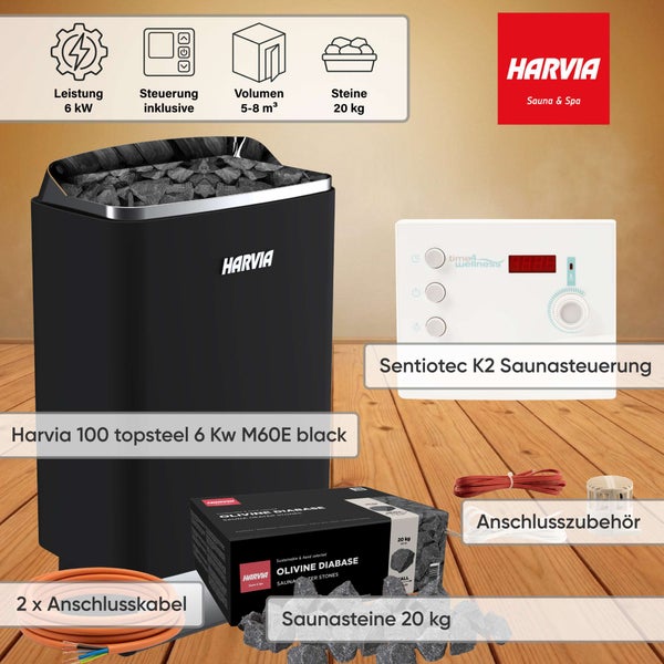 Harvia Saunaofen Topsteel 6 Kilowatt inklusive Sentiotec Steuerung Saunasteinen und Anschlusszubehör