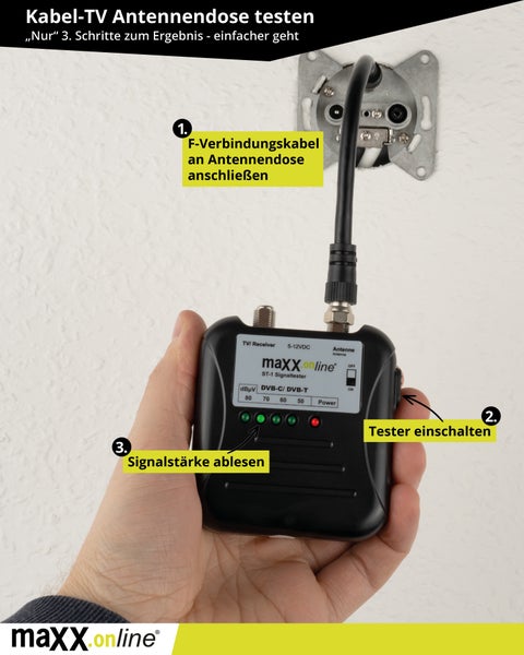 maxx.onLine Signaltester Kabelfernsehen Messgerät DVB-C/DVB-T, Antennensignal messen, Signalstärke Kabelfernsehen überprüfen, Kabel TV analog/digital Tester