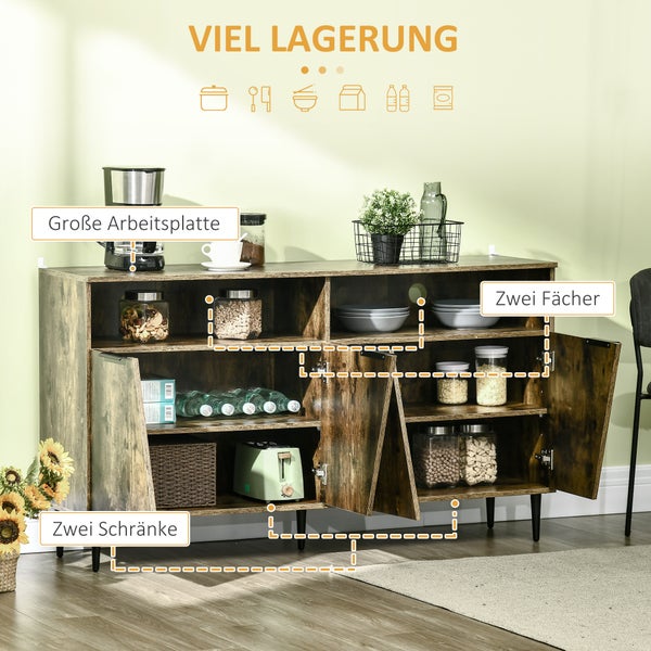 HOMCOM Sideboard Küchenschrank mit 2 Fächern und 2 Schränken Küchenmöbel Aufbewahrungsschrank im Industrie-Design Spanplatte Rustikales Braun+Schwarz 147 x 40 x 83 cm