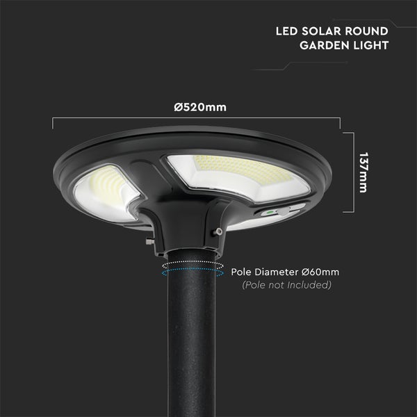 LED Solar Gartenleuchte, rund, Durchmesser 520 mm, Höhe 137 mm, Mastdurchmesser 60 mm, Mast nicht im Lieferumfang enthalten