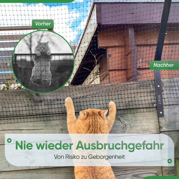 Vorher-Nachher-Vergleich eines Katzenschutznetzes an einem Holzzaun zur Sicherung des Gartens.