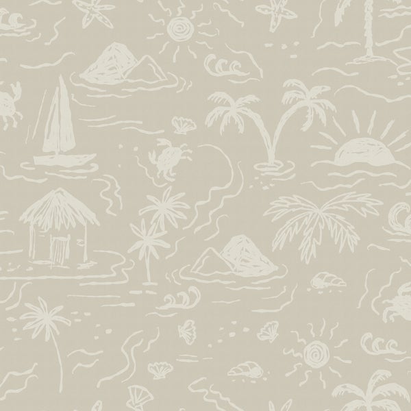 Illustration eines Strandmotivs mit Palmen, Meer und Strandhütte