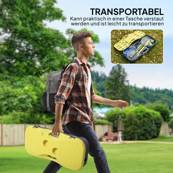 Person trägt ein transportables Badminton-Set im Koffer im Freien. Detailansicht zeigt das Set mit Schlägern und Federbällen im geöffneten Zustand.